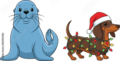 Vector Illustration Duet of a Happy Blue Sea Lion or Seal and a Festive Dachshund Dog Tangled in Colorful Christmas Lights and Wearing a Santa Hat