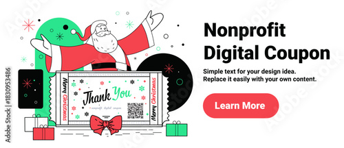 Santa nonprofit digital coupon Christmas theme festive Santa character with coupon gifts snowflakes green and red decorations website banner