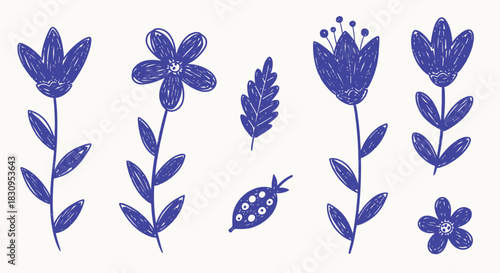 A simple blue floral pattern with flowers leaves and a seed pod on a white background illustration
