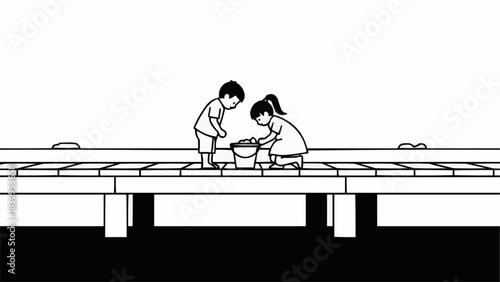 Two children playing together on a wooden pier with a bucket.