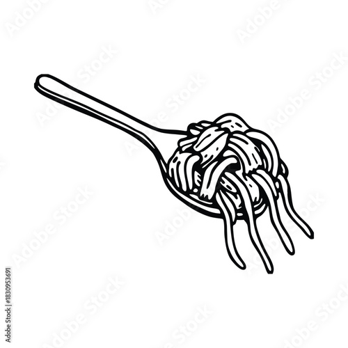 Close up fork holding saucy pasta clean white backdrop
