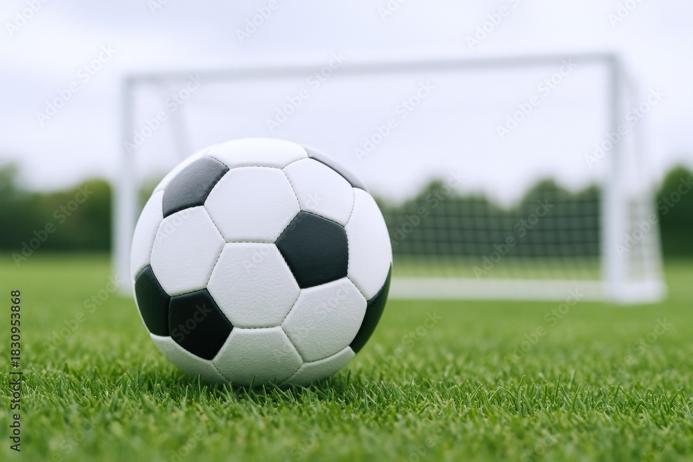 Obraz premium Close-up of a Classic Black and White Soccer Ball on Lush Green Field