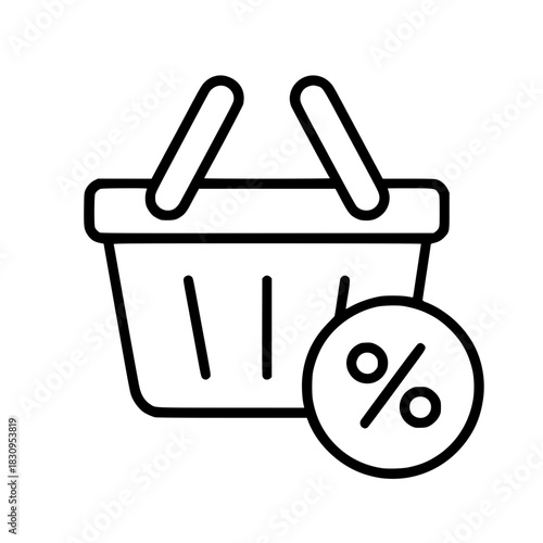 Shopping basket outline icon with discount percent symbol isolated
