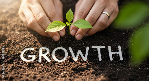 Hands Planting New Sprout with Growth Text on Soil – Business and Nature Progress Concept