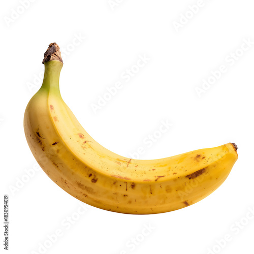 Yellow Banana Resting on White Background Showcasing Its Natural Curve and Te...