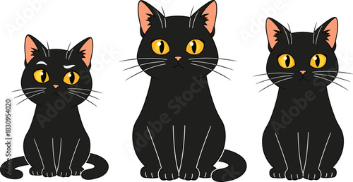 Vector Illustration Set of Three Black Cat Characters with Expressive Yellow Eyes, Portraying Different Moods and Sizes, Ideal for Halloween, Pet, and Mystery Themes