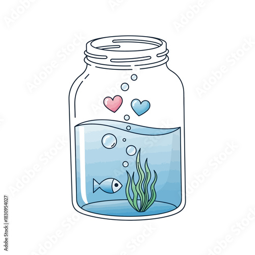 Enchanting marine ecosystem illustration displaying affection and aquatic life within a jar
