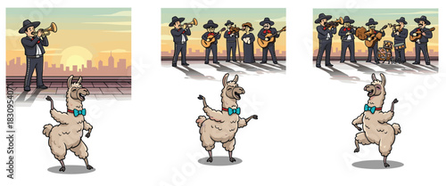 Cute dancing llama with bow tie and lively mariachi band performing music outdoors at sunset, fun festive illustration scene
