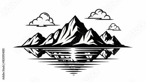 Majestic mountain range reflected in tranquil water with clouds above.