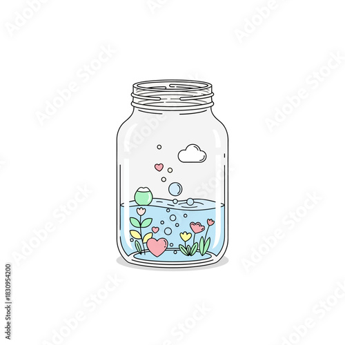 Charming mason jar filled with whimsical water garden and heart shaped icons illustration
