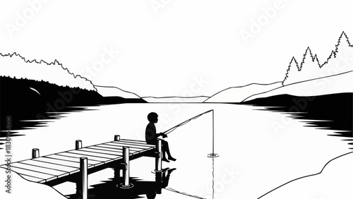 Silhouette of a person fishing from a wooden dock on a calm lake.