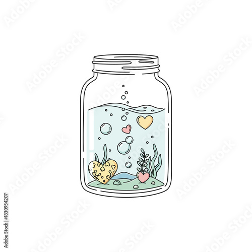 Enchanting aquatic terrarium featuring adorable heart shaped elements in glass jar