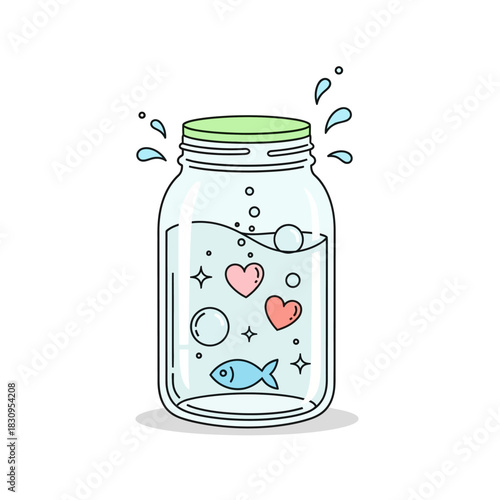 Whimsical jar filled with floating hearts, bubbles, stars and a solitary blue fish