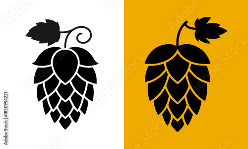 Silhouette and golden outline of a hop cone with leaves on contrasting backgrounds