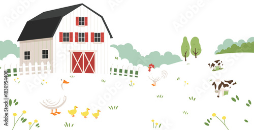 Charming Vector Illustration of a Classic Red and White Barn on a Rural Farm, Featuring Geese, Chickens, Cows, and Yellow Wildflowers in a Peaceful Countryside Landscape