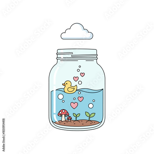Enchanting terrarium scene featuring whimsical duck and plant life encapsulated within a mason jar