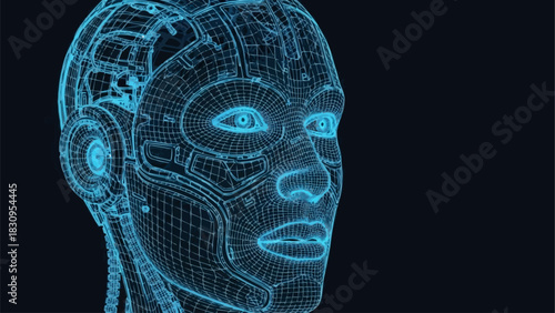 Futuristic AI Robot Head Wireframe Design on Dark Background.