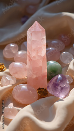Rose quartz crystal tower surrounded by tumbled gemstones