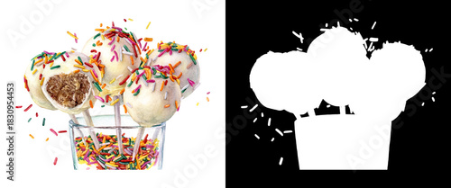 Colorful Watercolor Illustration of Cake Pops with Rainbow Sprinkles in a Cup