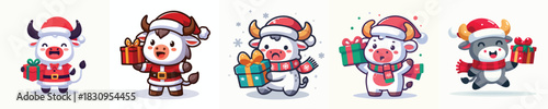 cute christmas dressed bufallo character vector