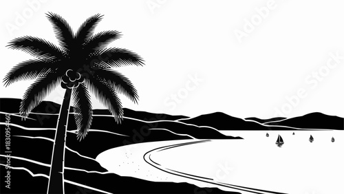 Palm tree silhouette on the beach with a scenic view of the ocean.