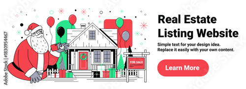 Santa Christmas house for sale holiday real estate festive home decorated with wreath balloons gifts snow background website banner