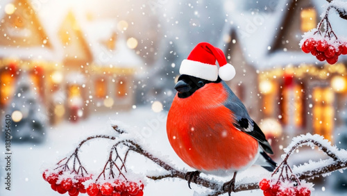 Fototapeta Naklejka Na Ścianę i Meble -  A cute, bright bullfinch in a Santa Claus hat sits on a rowan branch against the backdrop of a village street decorated for Christmas