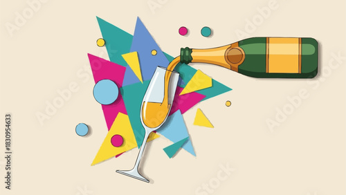 Champagne bottle pouring sparkling wine into a tall flute glass.