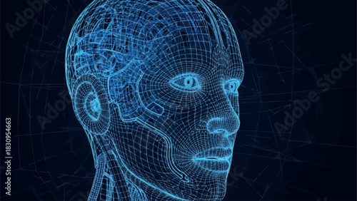 Digital Wireframe of a Humanoid Head Representing Artificial Intelligence.