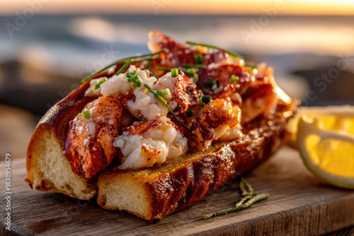 Delicious Connecticut Style Warm Lobster Roll With Melted Butter And Chives On Wooden Board By Harbor Connecticut Lobster Roll Harbor View