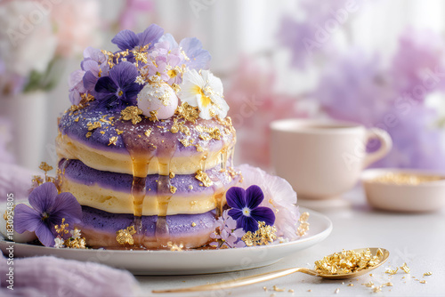 Towering Stack Of Fluffy Japanese Souffle Pancakes Topped With Gold Leaf And Purple Flowers Fluffy Japanese Souffle Pancakes Purple