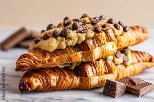 Side View Of Stacked Golden Croissants Topped With Cookie Dough And Chocolate Chips With Chocolate Blocks