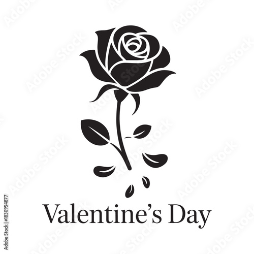 Elegant black rose silhouette with falling petals for valentine s day