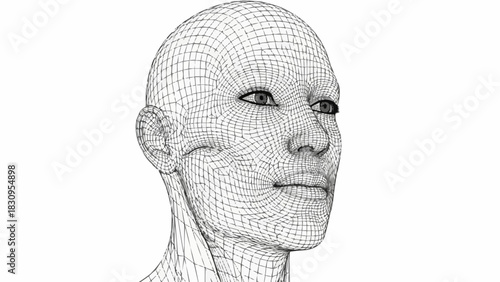 Wireframe Human Head With Detailed Facial Features.