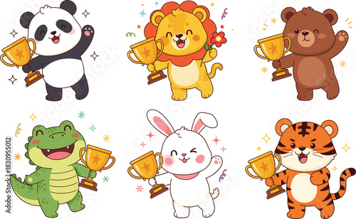 Cute Vector Collection of Happy Cartoon Animals Celebrating Success, Holding Golden Trophies, Featuring a Panda, Lion, Bear, Crocodile, Rabbit, and Tiger for Achievement Themes