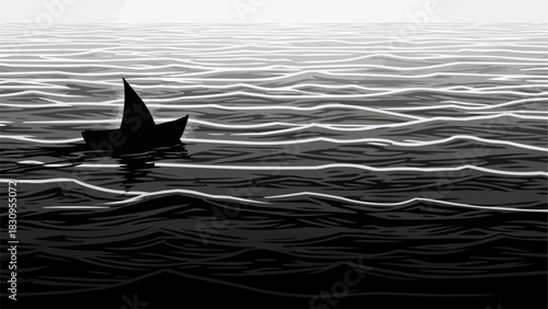 Silhouette of a paper boat sailing on the dark water surface.