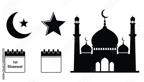 Muslim islam ramadan mubarak illustration. religious holiday icons. mosque and calendar