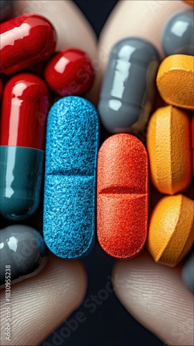 Close-up of a hand holding a variety of colorful pills and capsules against a dark background, illustrating medical and healthcare concepts.