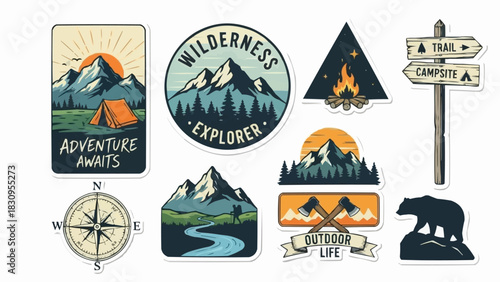 Collection of Outdoor Adventure and Wilderness Exploration Stickers.
