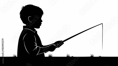 Silhouette of a young boy fishing with a rod.