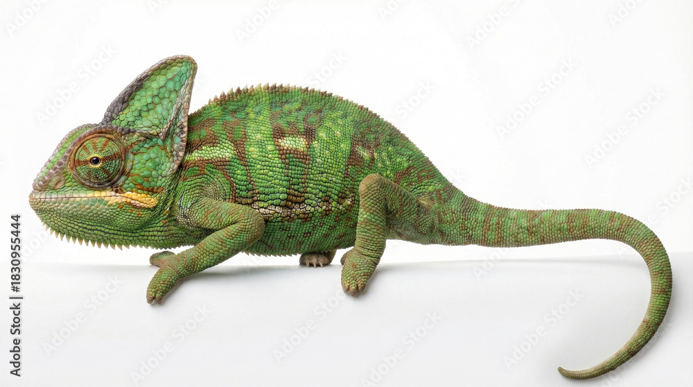 Obraz premium Vibrant green Veiled Chameleon showcasing intricate skin texture and large eye, standing majestically on a clean white background in a studio setting.