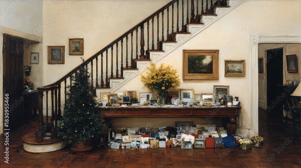 Naklejka premium Large staircase leads to a room with a Christmas tree