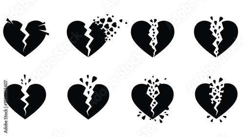 Collection of black broken heart icons, depicting various stages of shattering and cracking, symbolizing heartbreak,, isolated on white background