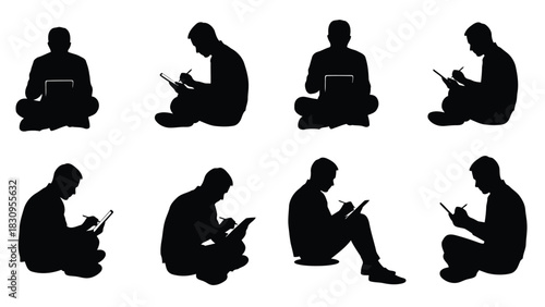 Diverse black silhouette figures of men sitting comfortably, focused on working or studying using laptops and digital, isolated on white background