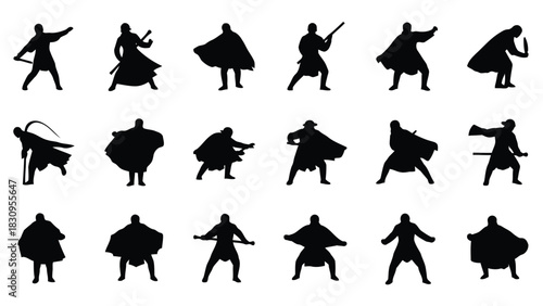 Diverse collection of black silhouette warrior figures in dynamic action poses, holding various weapons including, isolated on white background