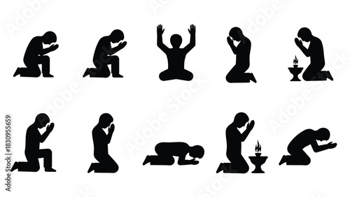 Flat vector illustration of multiple human silhouettes kneeling, bowing, and prostrating in various poses of prayer and, isolated on white background