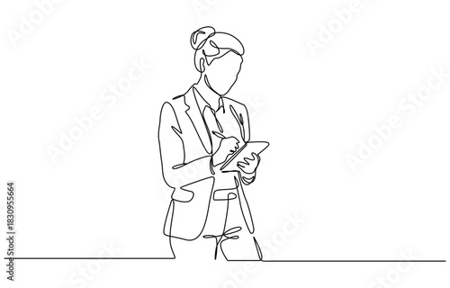 Continuous line drawing of young happy female worker standing while write business note from mentor on paper at clipboard. Isolated on transparent background