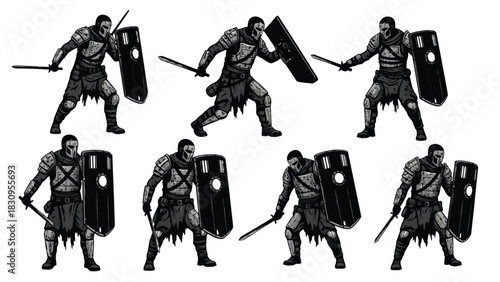 Dark armored fantasy warriors wearing menacing masks, wielding swords and rectangular shields in dynamic combat poses,, isolated on white background