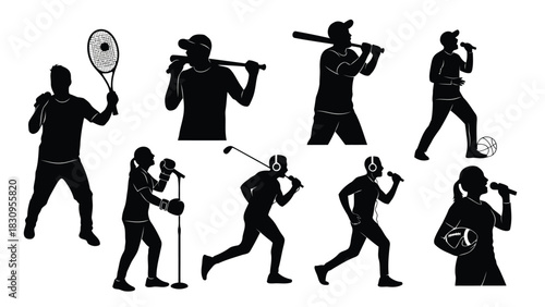 Diverse set of black flat vector silhouettes illustrating men and women actively engaged in various sports and singing, isolated on white background