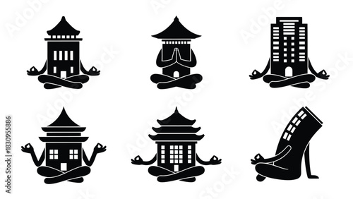 Black silhouette flat vector illustration set of various buildings, including pagodas, a modern skyscraper, and a, isolated on white background
